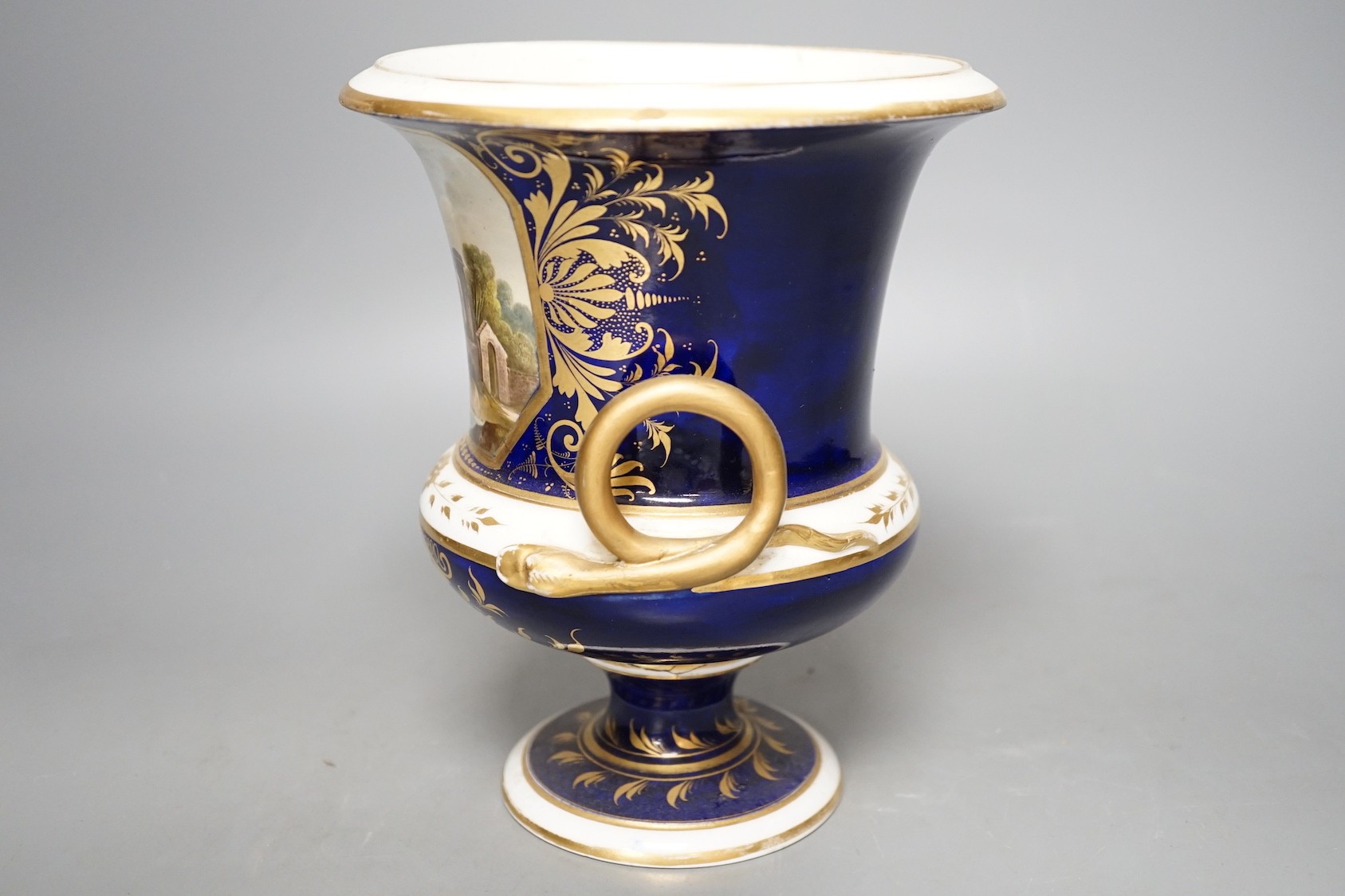 A Derby named twin handled cup, 'View near Rome', 20.5cm